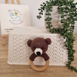 Crocheted Animal Rattle - Dark Bear