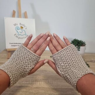Ladies Fingerless Mitts - Beige, Patterned Fingerless Mitts