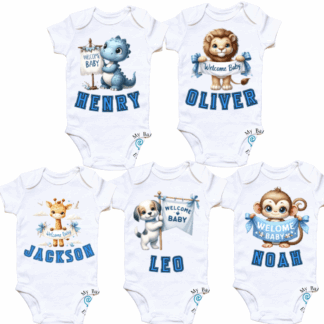 “Welcome Baby” Personalised Animal Onesie 🍼 - 6-9 Months (00), Giraffe