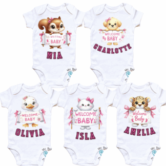 “Welcome Baby” Personalised Animal Onesie 🍼 - 6-9 Months (00), Dog